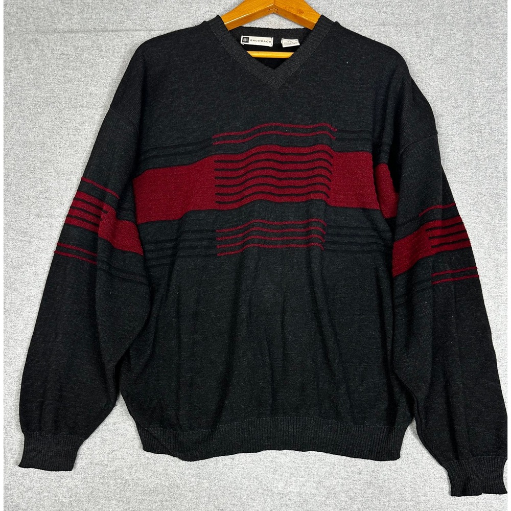 Vintage Bachrach Sweater Mens XXL Charcoal Red V-Neck Knit 90s Y2K Made in USA